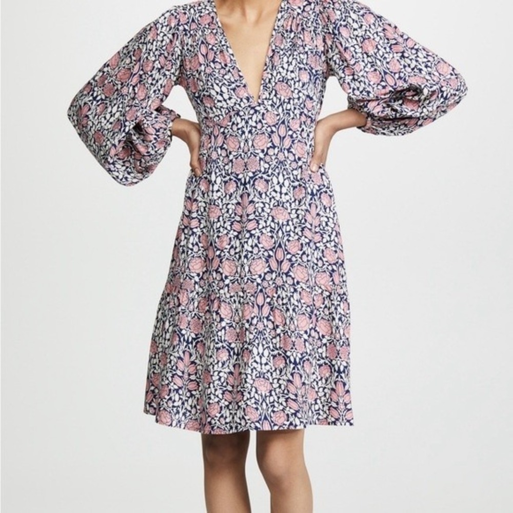 Banjanan Portia Dress Blue Print Tulip‎ Rose Floral Sz M Balloon Sleeve V-Neck